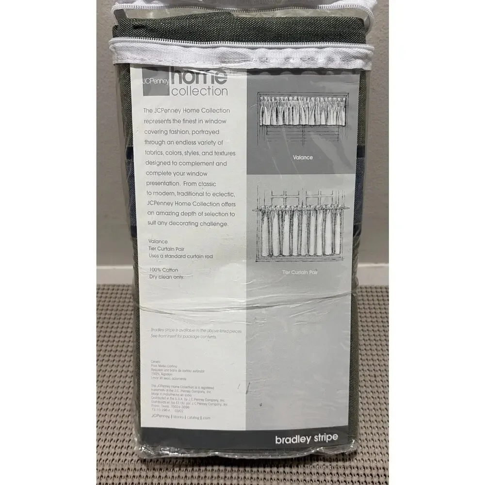 JCPenney Tier Curtain Pair Bradley Stripe Woven Cotton Olive Green Blue 36 in